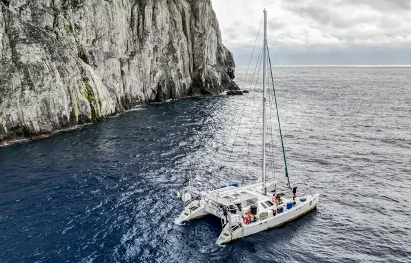 
En esta vista aérea, el catamarán  de Biodiversity Conservation Colombia navega por las aguas cercanas al Santuario de Fauna y Flora de Malpelo, declarado Patrimonio de la Humanidad por la UNESCO en el Pacífico colombiano. [Luis Acosta/AFP]        