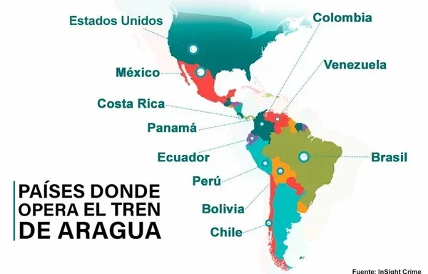 Mapa que muestra la expansión del Tren de Aragua, cuya primera aparición fuera de Venezuela se reportó en 2018. Desde entonces, la banda se ha extendido a Colombia, Perú, Chile, Ecuador, Brasil, Bolivia, Panamá, Costa Rica, México y Estados Unidos. [Sergio Quispe]